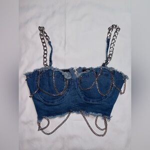 Miss 8 Size L Blue Jean Denim Chain Detail Festival Concert Crop Top